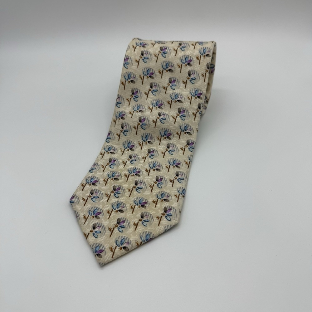 Ermenegildo‎ Zegna Silk Tie Floral Botanical Cream Blue Italy Simple Elegant